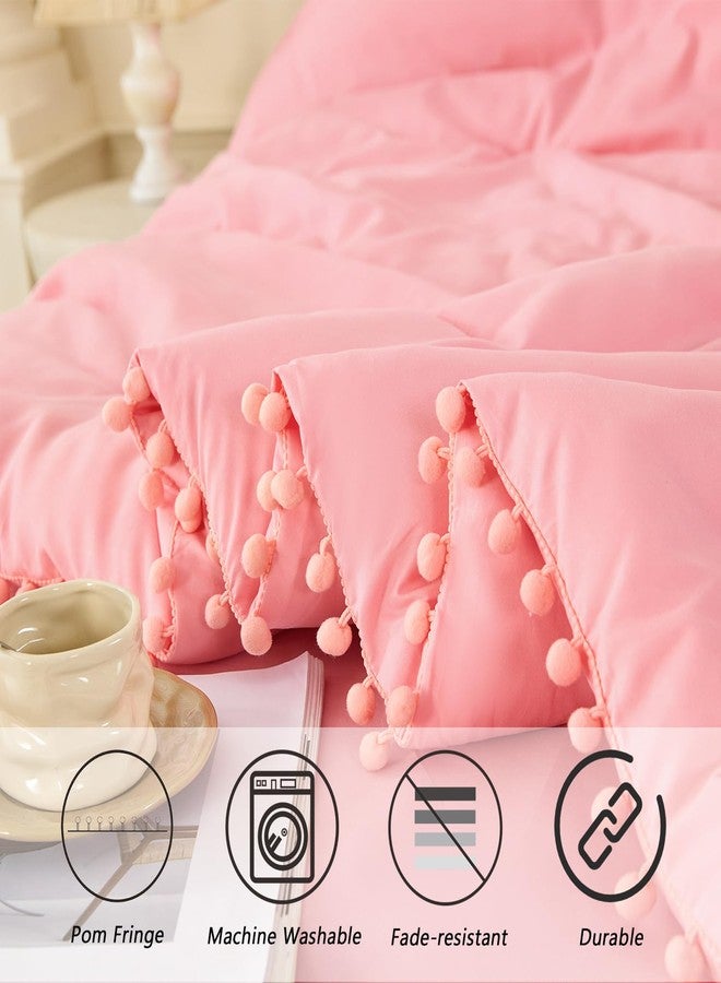PERFEMET Full Size Bed in A Bag Coral Pink 5 Pieces Pom Pom Comforter Set with Sheets for Girls Kids Teens Soft All Season Fluffy Boho Bedding Set for Bedroom(Coral Pink, Full) - Image 4