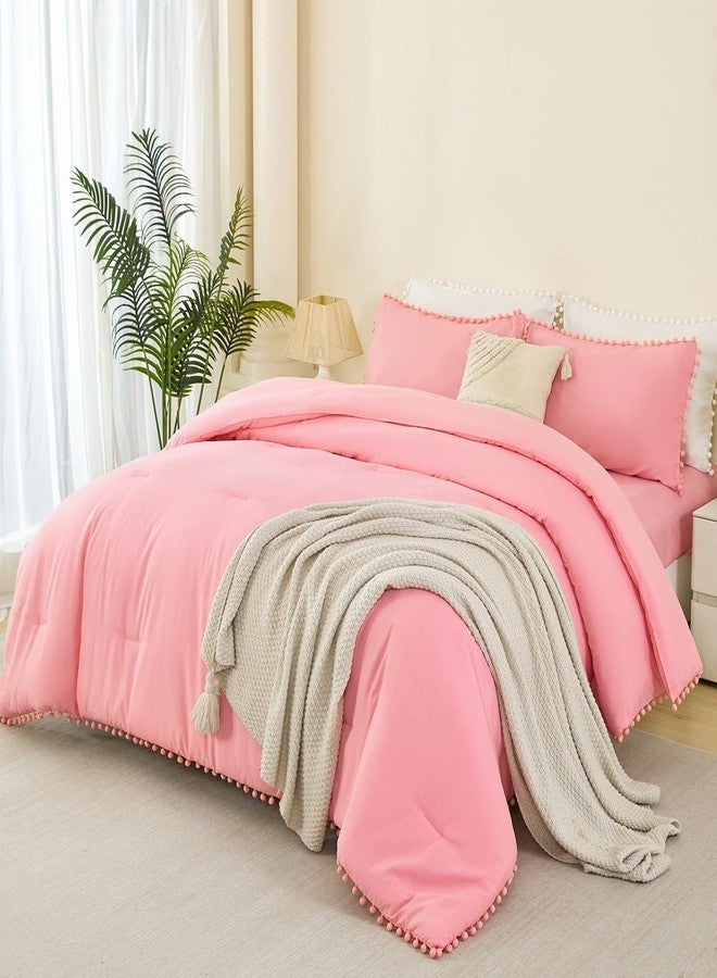 PERFEMET Full Size Bed in A Bag Coral Pink 5 Pieces Pom Pom Comforter Set with Sheets for Girls Kids Teens Soft All Season Fluffy Boho Bedding Set for Bedroom(Coral Pink, Full) - Image 1