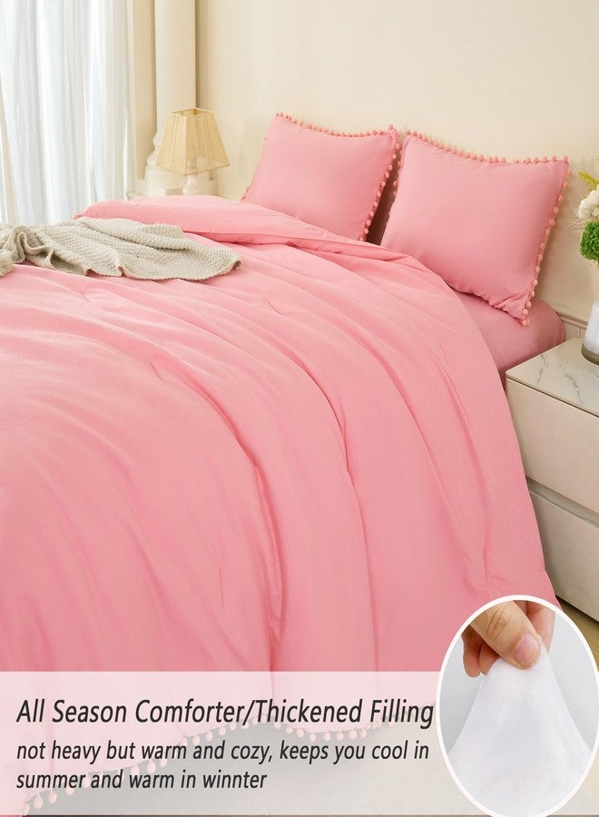 PERFEMET Full Size Bed in A Bag Coral Pink 5 Pieces Pom Pom Comforter Set with Sheets for Girls Kids Teens Soft All Season Fluffy Boho Bedding Set for Bedroom(Coral Pink, Full) - Image 5