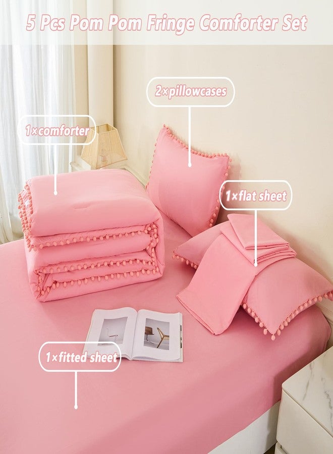PERFEMET Full Size Bed in A Bag Coral Pink 5 Pieces Pom Pom Comforter Set with Sheets for Girls Kids Teens Soft All Season Fluffy Boho Bedding Set for Bedroom(Coral Pink, Full) - Image 3