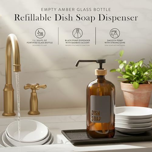 SAVVY & SORTED SAVVY SORTED Amber Glass Dish Soap Dispenser for Kitchen Sink 1 Liter Large Kitchen Soap Dispenser Set with Permanent Label Refillable Glass Bottle for Dish Washing Liquid 34 Fl Oz - Image 3