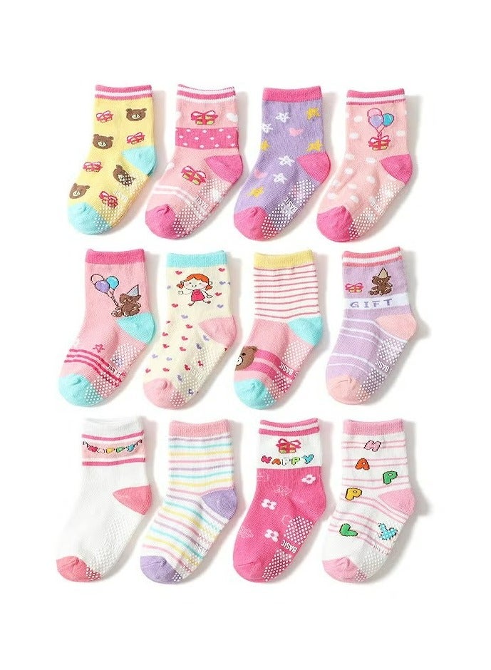 CMGTYYD. 12 زوجًا من جوارب الأطفال الصغار المانعة للانزلاق، جوارب أطفال بتصميم كرتوني، جوارب أطفال مانعة للانزلاق، جوارب قطنية بنعل مانع للانزلاق، جوارب أرضية بمقبض كاحل جورب لطيف للرضع الأولاد البنات - 3-5T - Image 1