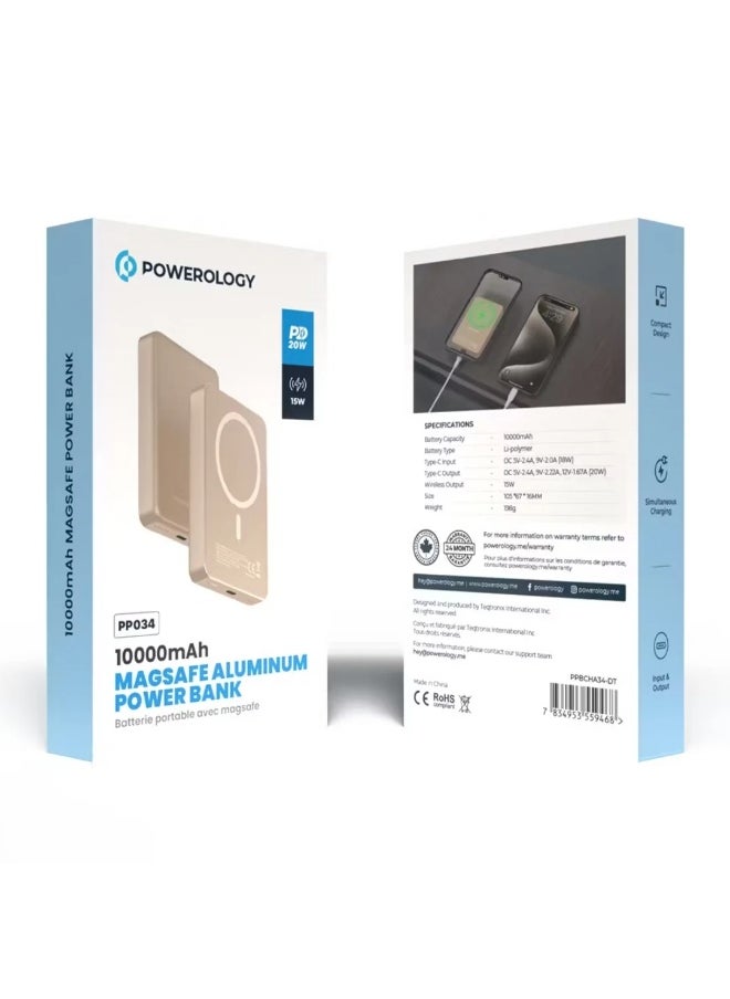 10000mAh MagSafe Aluminum Power Bank PD 20W / Compact Design / 15W Wireless Output / Simultaneous Charging / Input & Output / Li-polymer Battery - Desert Titanium