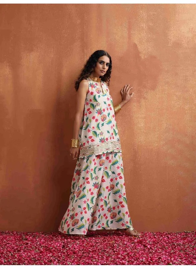 trueBrowns Off White Print Sharara Set