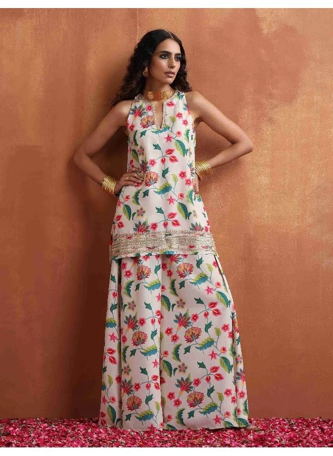 trueBrowns Off White Print Sharara Set