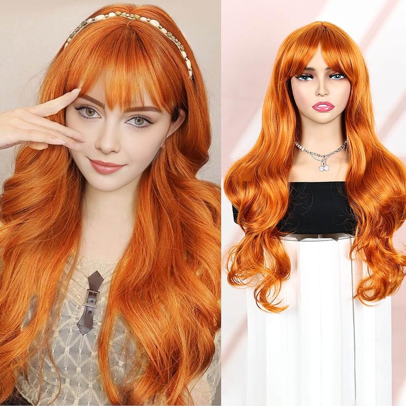 QUEENTAS 22In Ginger Wig Long Synthetic Hair Wig with Bangs for Daily Use Halloween Cosplay