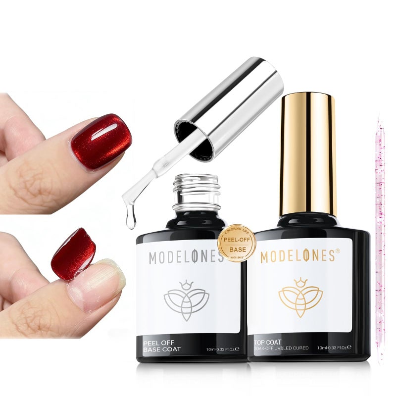 modelones Peel Off Base Coat and Gel Top Coat Set, 2 Pcs No Wipe Clear Top Gel Nail Polish and Peelable Practice Base Easy Removal, Nail Art Manicure DIY Gift for Weak Thin Nails Beginner Women 10ml - Image 1