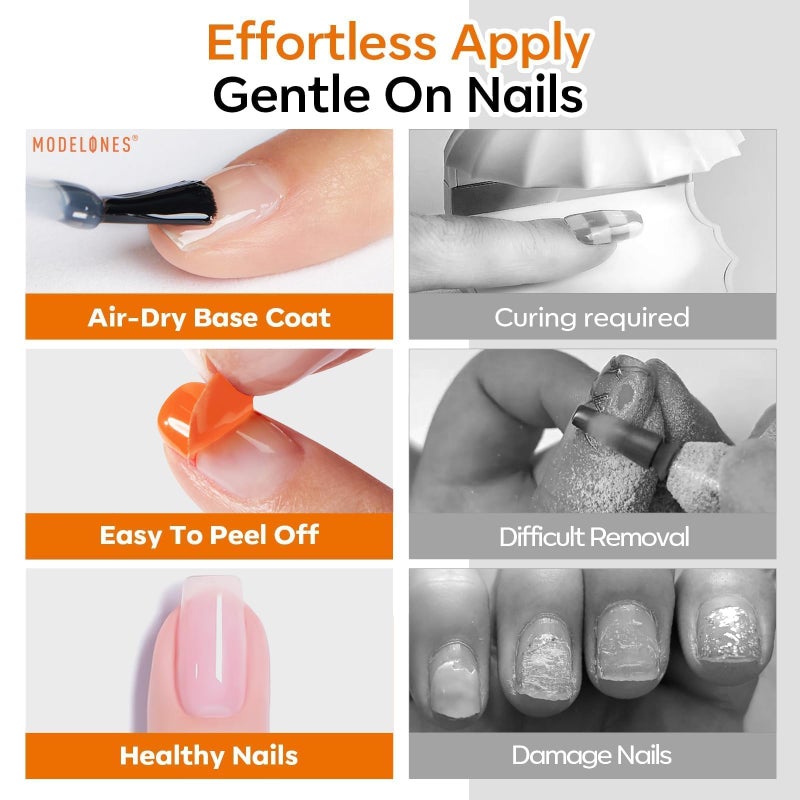 modelones Peel Off Base Coat and Gel Top Coat Set, 2 Pcs No Wipe Clear Top Gel Nail Polish and Peelable Practice Base Easy Removal, Nail Art Manicure DIY Gift for Weak Thin Nails Beginner Women 10ml - Image 3