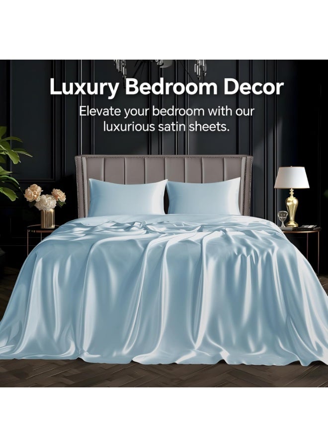 BEDELITE California King Sheets Set, Luxury Soft Light Blue Satin Sheets for Hair and Skin, Similar to Silk Bed Sheets Set 4 Pieces with 1 Deep Pocket Fitted Sheet, 1 Flat Sheet, and 2 Pillowcases - Image 5