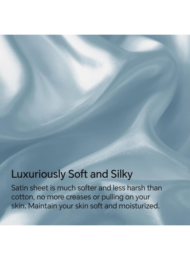 BEDELITE California King Sheets Set, Luxury Soft Light Blue Satin Sheets for Hair and Skin, Similar to Silk Bed Sheets Set 4 Pieces with 1 Deep Pocket Fitted Sheet, 1 Flat Sheet, and 2 Pillowcases - Image 3