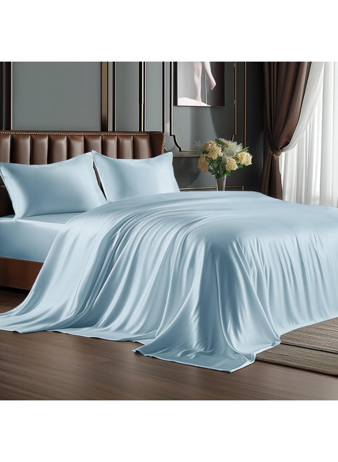 BEDELITE California King Sheets Set, Luxury Soft Light Blue Satin Sheets for Hair and Skin, Similar to Silk Bed Sheets Set 4 Pieces with 1 Deep Pocket Fitted Sheet, 1 Flat Sheet, and 2 Pillowcases - Image 1