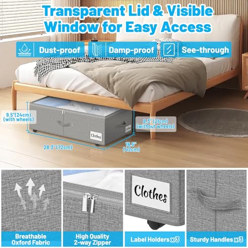 Kukikan Under Bed Storage with Wheels, 2-Pack 10" Height XXL 60L Rolling Storage Bins, Quick Assembly Underbed Shoe Storage Containers with Clear Lid & Label, Dorm Under Bed Drawers for Clothes, Shoes, Grey - Image 3