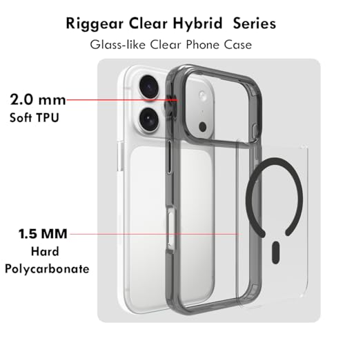 RIGGEAR Shockproof Clear Hybrid Armor Magnetic Back Cover Case Compatible with MagSafe Accessories for iPhone 17 Pro (Clear-Black TPU Bumper + Transparent PC) (Black MagRing) - Image 4