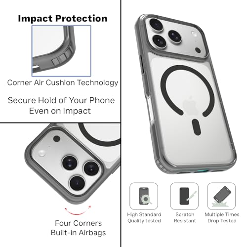 RIGGEAR Shockproof Clear Hybrid Armor Magnetic Back Cover Case Compatible with MagSafe Accessories for iPhone 17 Pro (Clear-Black TPU Bumper + Transparent PC) (Black MagRing) - Image 3
