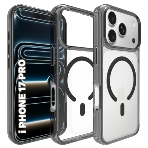 RIGGEAR Shockproof Clear Hybrid Armor Magnetic Back Cover Case Compatible with MagSafe Accessories for iPhone 17 Pro (Clear-Black TPU Bumper + Transparent PC) (Black MagRing) - Image 1