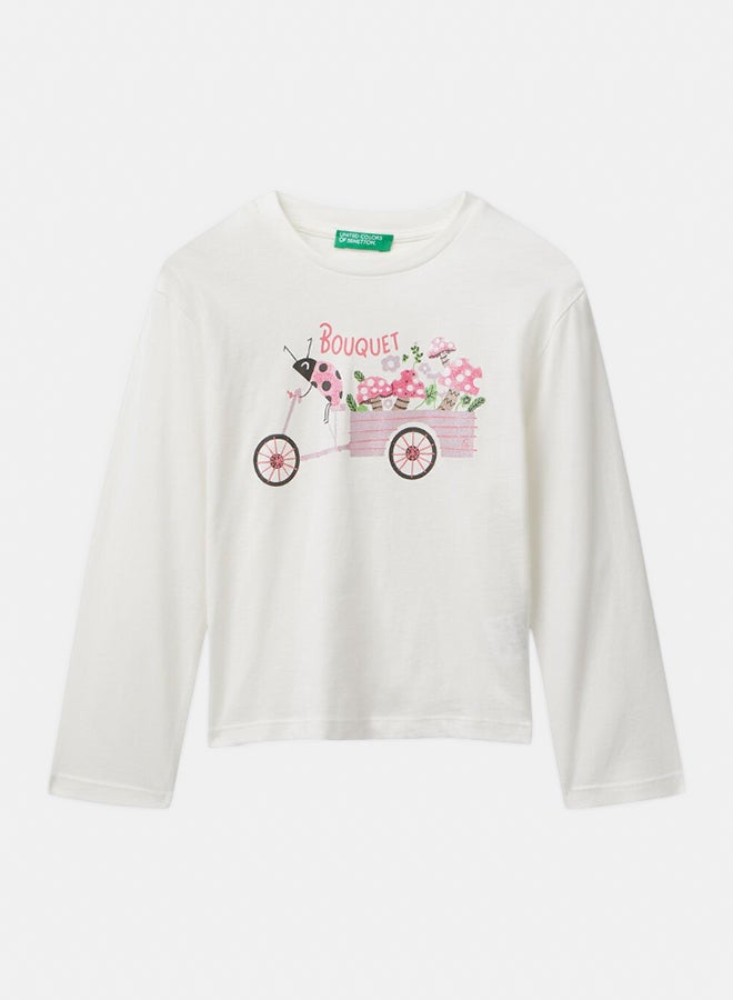 Benetton Girls Long sleeve cotton t-shirt with glittery print - Image 1