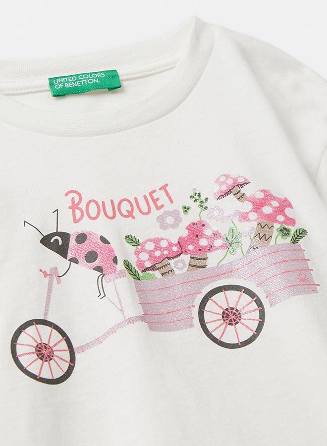 Benetton Girls Long sleeve cotton t-shirt with glittery print - Image 2