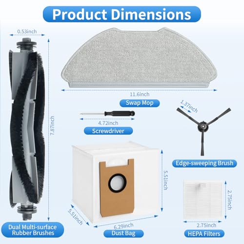 BUXEBUX 23 Pack Replacement Accessories Parts for AIRROBO T20+/T25+/T30+/T25+C Robot Vacuum kit, 1 Main Roller Brush 4 Mop Pads 4 Hepa Filters 6 Side Brushes 6 Dust Bags 1 Clean Tool 1 Screwdriver - Image 3