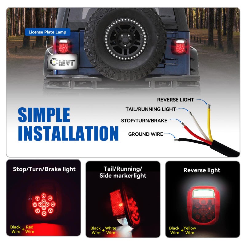 CMVT Auto LED Replacement Tail Lights Taillights for 1979-2006 Jeep Wrangler TJ YJ CJ-5 CJ-7 , Smoke Lens BAR Square Brake Stop Turn Signal Reverse License Plate lamp w/ Side Marker Light Assembly, 2PCS - Image 4