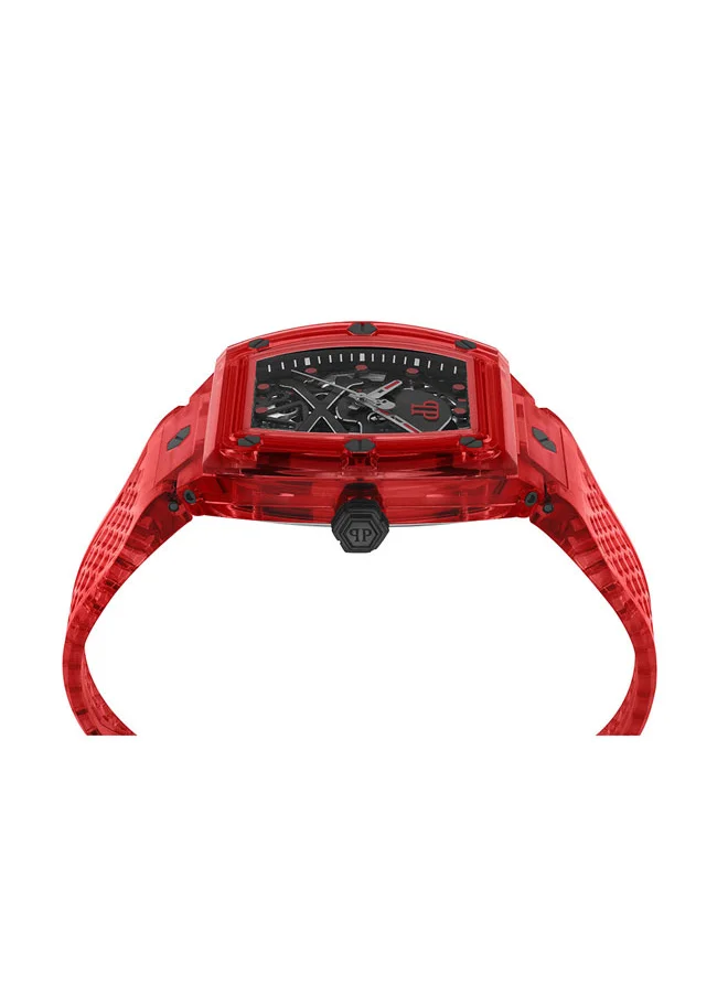 PHILIPP PLEIN The $keleton Crystal Men's Tonneau 44mm 3-Hand Automatic Watch with Jet-Black Skull Dial, Bold Red Accents & TR90 Case