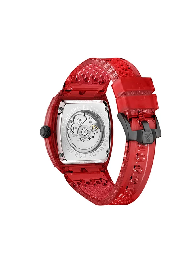 PHILIPP PLEIN The $keleton Crystal Men's Tonneau 44mm 3-Hand Automatic Watch with Jet-Black Skull Dial, Bold Red Accents & TR90 Case