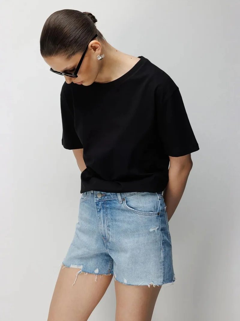 Mixray White MIXRAY Oversized Ribbed Crew Neck Two-Piece T-Shirt Set for Women | Best Price UAE