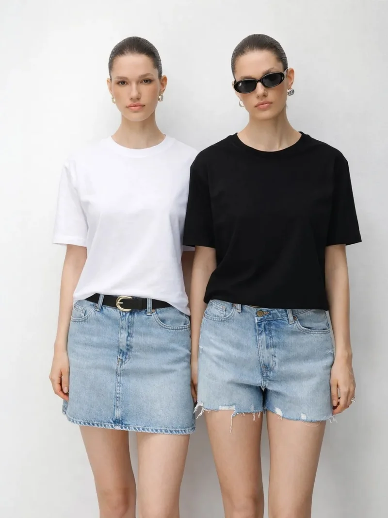 ميكسراي MIXRAY Oversized Ribbed Crew Neck Two-Piece T-Shirt Set