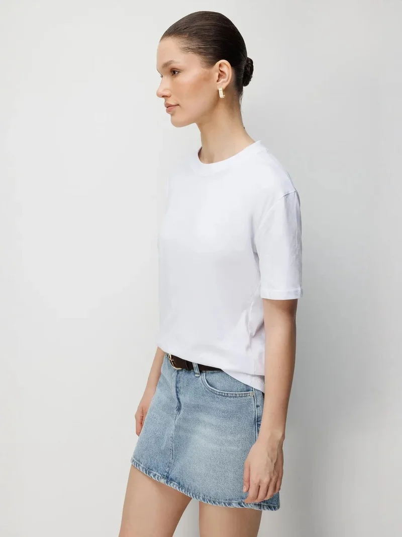 Mixray White MIXRAY Oversized Ribbed Crew Neck Two-Piece T-Shirt Set for Women | Best Price UAE