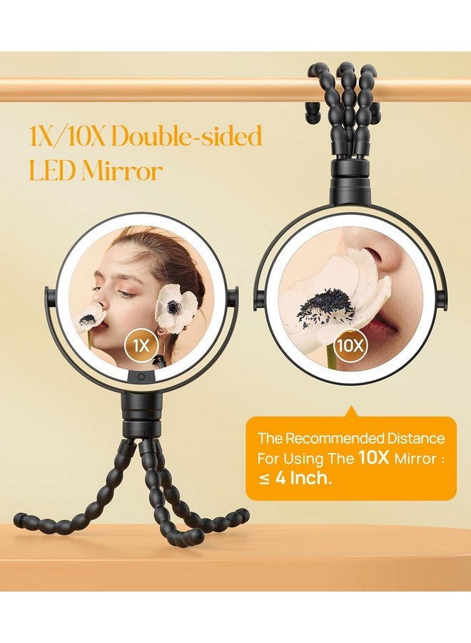 Gospire 5.85” Tripod Travel Makeup Mirror with Light and Magnification 1X/10X, 4 in 1 Winding Hanging Handheld Tabletop Mirror, 3 Color & Adjust Light Round Travel Mirror for Friend - Black - Image 4