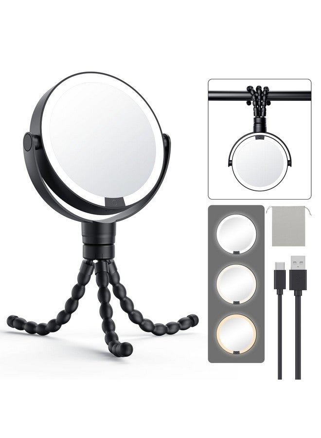 Gospire 5.85” Tripod Travel Makeup Mirror with Light and Magnification 1X/10X, 4 in 1 Winding Hanging Handheld Tabletop Mirror, 3 Color & Adjust Light Round Travel Mirror for Friend - Black - Image 1
