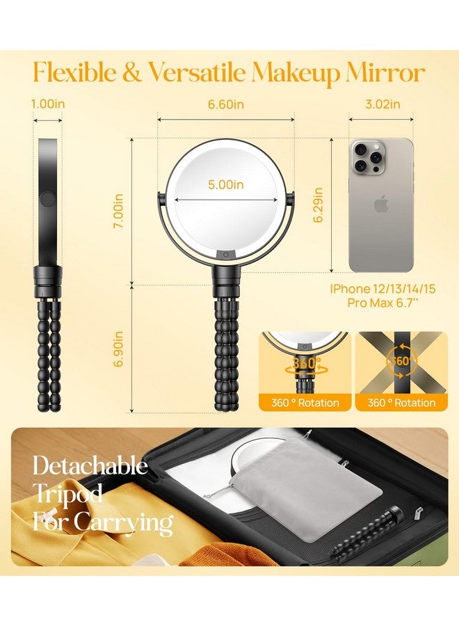 Gospire 5.85” Tripod Travel Makeup Mirror with Light and Magnification 1X/10X, 4 in 1 Winding Hanging Handheld Tabletop Mirror, 3 Color & Adjust Light Round Travel Mirror for Friend - Black - Image 2