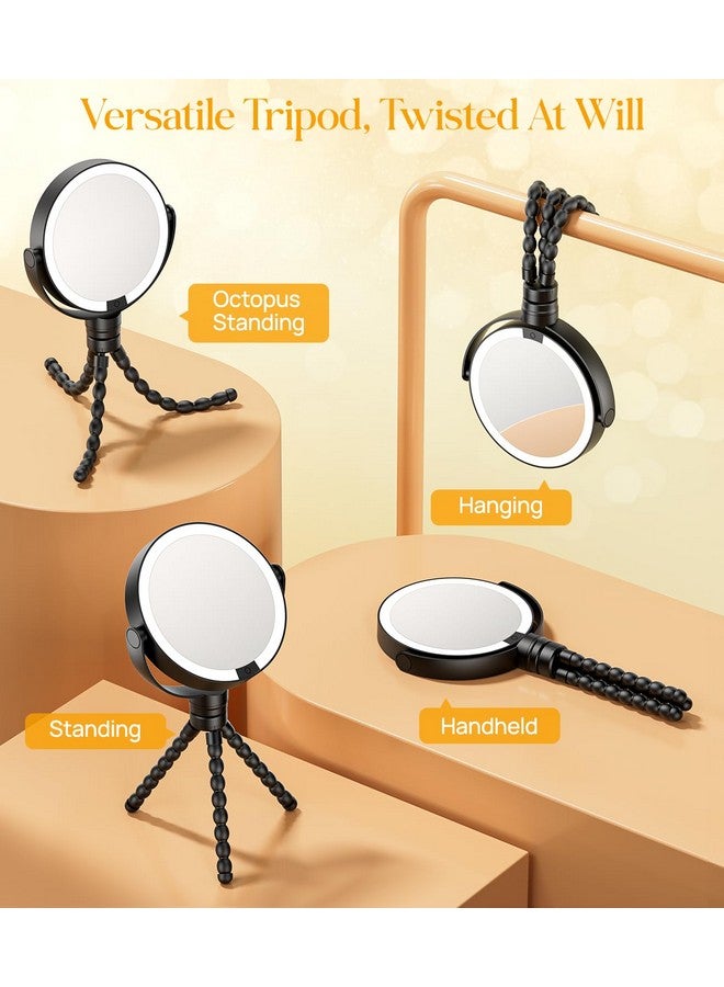 Gospire 5.85” Tripod Travel Makeup Mirror with Light and Magnification 1X/10X, 4 in 1 Winding Hanging Handheld Tabletop Mirror, 3 Color & Adjust Light Round Travel Mirror for Friend - Black - Image 3