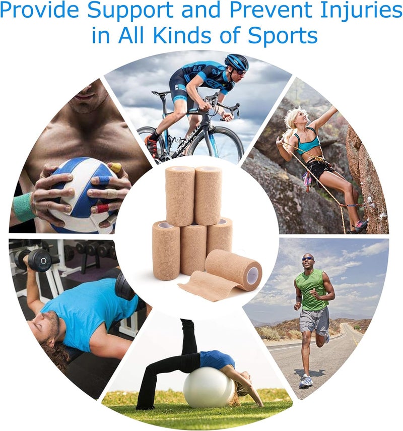 LotFancy لفافة ضمادة لاصقة ذاتية 6 عبوات 4 بوصة × 5 ياردات ضمادة غير منسوجة للركبة والكوع شريط طبي للإسعافات الأولية للالتواءات في الكاحل والركبة والمعصم لون بني - Image 3