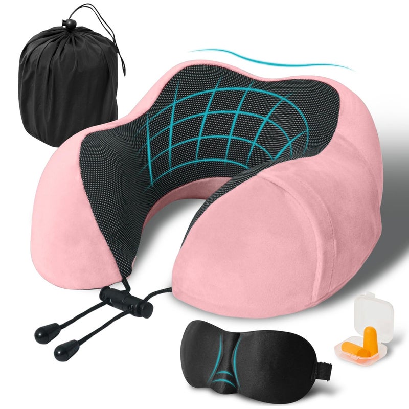 Elvodosia Travel Pillow Memory Foam Neck Pillow for Traveling U Shape Neck Pillow Airplane Portable Flight Pillow Travel Kit with 4D Contoured Eye Masks and Earplug for Plane Train Car Home Office Pink - Image 2