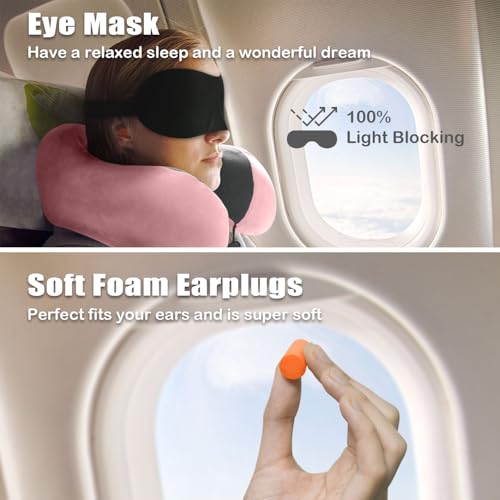 Elvodosia Travel Pillow Memory Foam Neck Pillow for Traveling U Shape Neck Pillow Airplane Portable Flight Pillow Travel Kit with 4D Contoured Eye Masks and Earplug for Plane Train Car Home Office Pink - Image 3