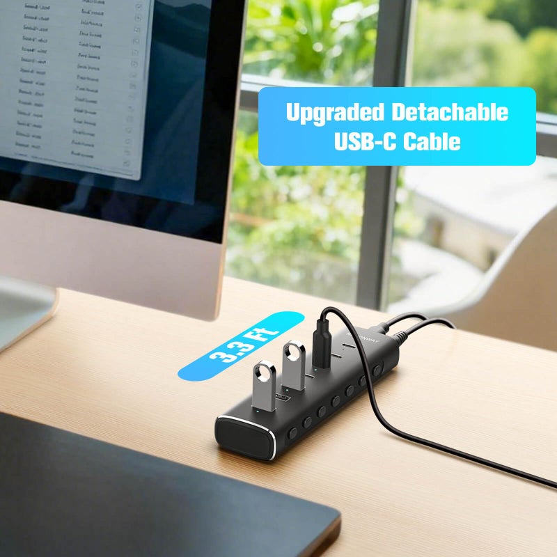 Rosonway محور USB 3.2/USB C مزود بالطاقة من روزونواي 7 منافذ 10 جيجابت في الثانية مع 4 منافذ USB-C 3.2، 3 منافذ USB-A 3.2، كابل بطول 3.3 قدم ومحول طاقة 36 واط (12 فولت/3 أمبير)، موزع USB من الألمنيوم للكمبيوتر المحمول، RSH-H7C4 - Image 5