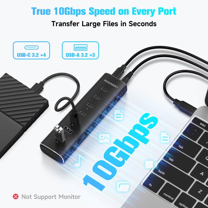 Rosonway محور USB 3.2/USB C مزود بالطاقة من روزونواي 7 منافذ 10 جيجابت في الثانية مع 4 منافذ USB-C 3.2، 3 منافذ USB-A 3.2، كابل بطول 3.3 قدم ومحول طاقة 36 واط (12 فولت/3 أمبير)، موزع USB من الألمنيوم للكمبيوتر المحمول، RSH-H7C4 - Image 3