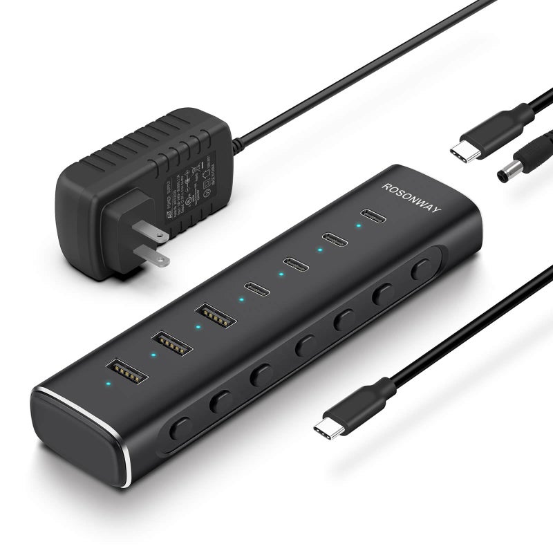 Rosonway محور USB 3.2/USB C مزود بالطاقة من روزونواي 7 منافذ 10 جيجابت في الثانية مع 4 منافذ USB-C 3.2، 3 منافذ USB-A 3.2، كابل بطول 3.3 قدم ومحول طاقة 36 واط (12 فولت/3 أمبير)، موزع USB من الألمنيوم للكمبيوتر المحمول، RSH-H7C4 - Image 1