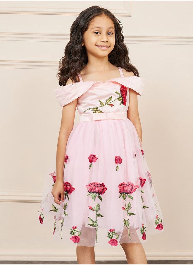 Styli - Floral Embroidered Cold Shoulder Mesh Insert Skater Dress - Image 1