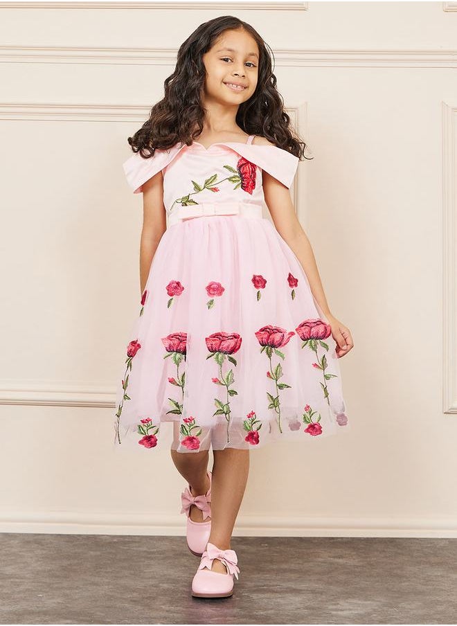 Styli - Floral Embroidered Cold Shoulder Mesh Insert Skater Dress - Image 1
