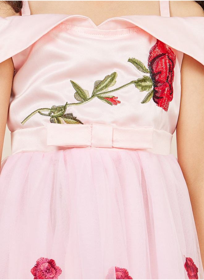 Styli - Floral Embroidered Cold Shoulder Mesh Insert Skater Dress - Image 1