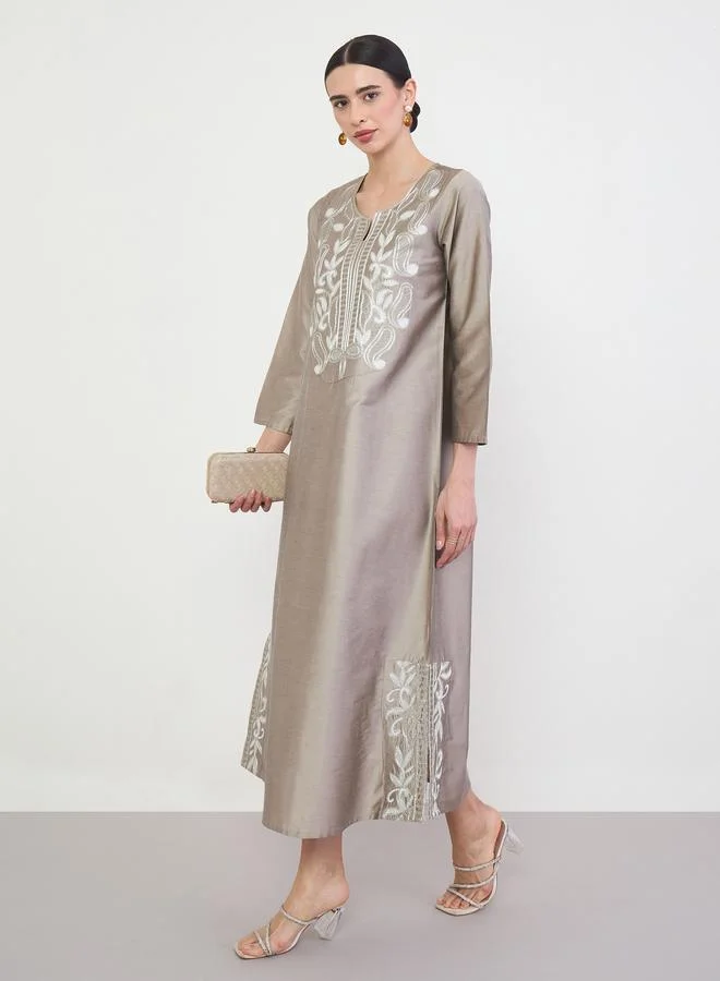 Amirah Beige Embroidered Yoke Jalabiya with Side Slit