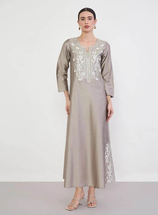 Amirah Beige Embroidered Yoke Jalabiya with Side Slit