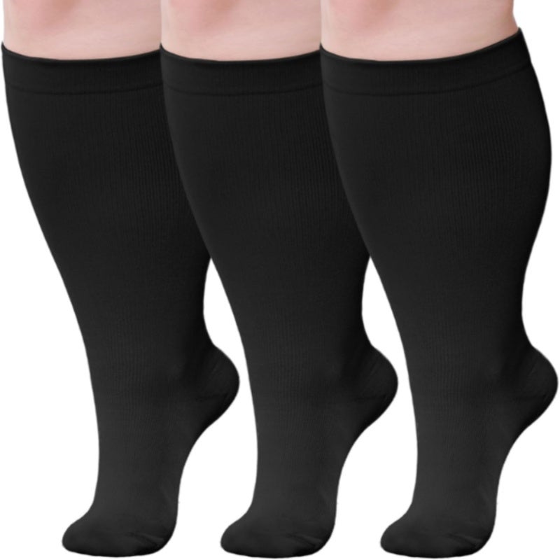 Wide Calf Compression Socks: 3XL Black 20-30 mmHg - Scientific Leg Soreness Relief Plus Size Stockings for Travel, Running, Pregnancy, Nurses - Image 1