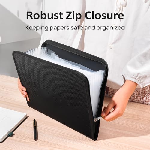 Sooez 13 Pocket Accordion File Organizer, Zipper Expanding File Folder Organizer, Reinforced Plastic Accordion Folder, A4 Letter Size, Portable Folders for Documents, Black - Image 2