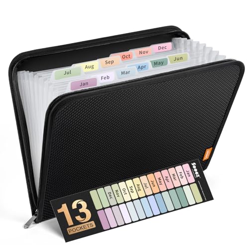 Sooez 13 Pocket Accordion File Organizer, Zipper Expanding File Folder Organizer, Reinforced Plastic Accordion Folder, A4 Letter Size, Portable Folders for Documents, Black - Image 1
