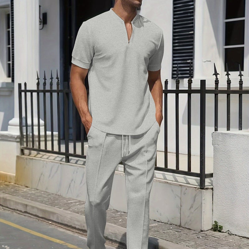 2024 Mens Casual Waffle Polo Shirt and Pants Set Black - Image 2