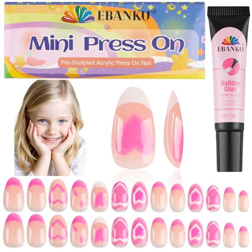 EBANKU 26 Pieces Press on Nails for Kids, EBANKU Kid False Nail Kit Pink Heart Press on Nail with Nail Glue Fake Nail Kits for Kids Girls - Image 1