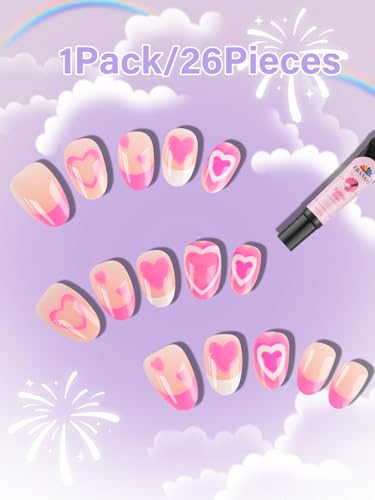 EBANKU 26 Pieces Press on Nails for Kids, EBANKU Kid False Nail Kit Pink Heart Press on Nail with Nail Glue Fake Nail Kits for Kids Girls - Image 4