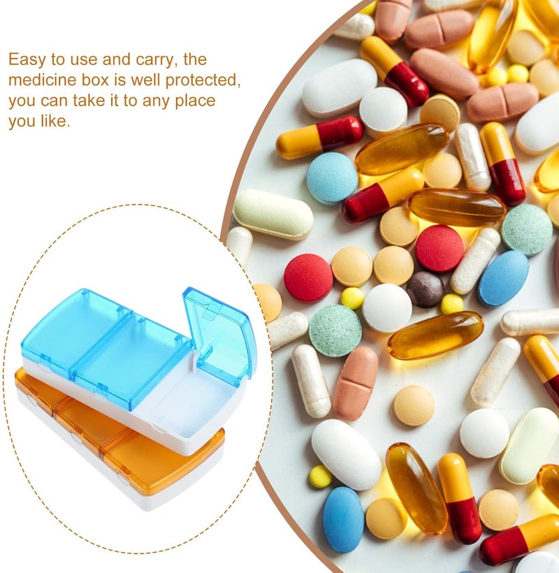 Portable Pill Organizer Box 2pcs, Small Compact Medicine Case with 3 Compartments, Detachable Travel Pill Organizer for Daily Use and Vitamins, Orange and Blue - Image 4